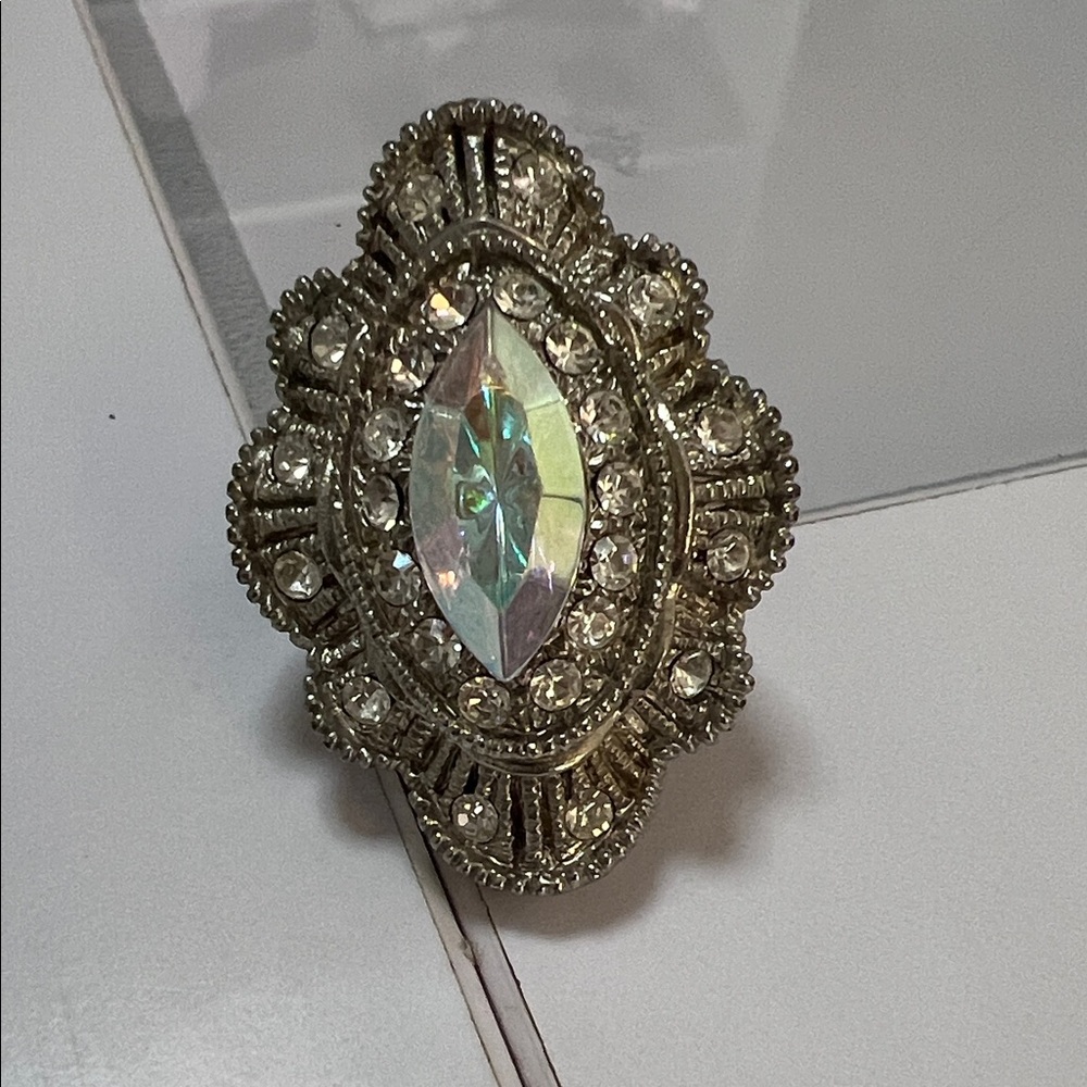 Elegant Silver Statement Ring with Crystal Accents VINTAGE COSTUME RING
